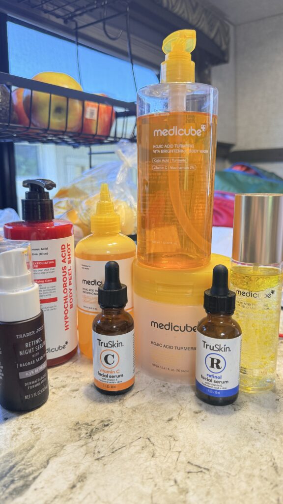 all the skincare products I use specifically for handling my skintone and texture on my body. 