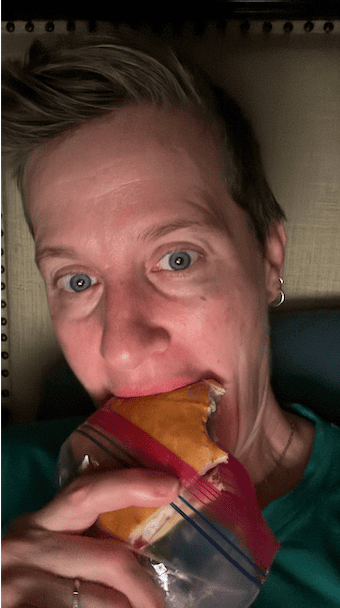 eating in bed, late at night because I'm tired, or I saw something on TV that made me feel hungry or I remebered that I'd made my favorite roast beef sub sandwich and had one more in the fridge and didn't want anyone else to eat it so... I'm eating at midnight.