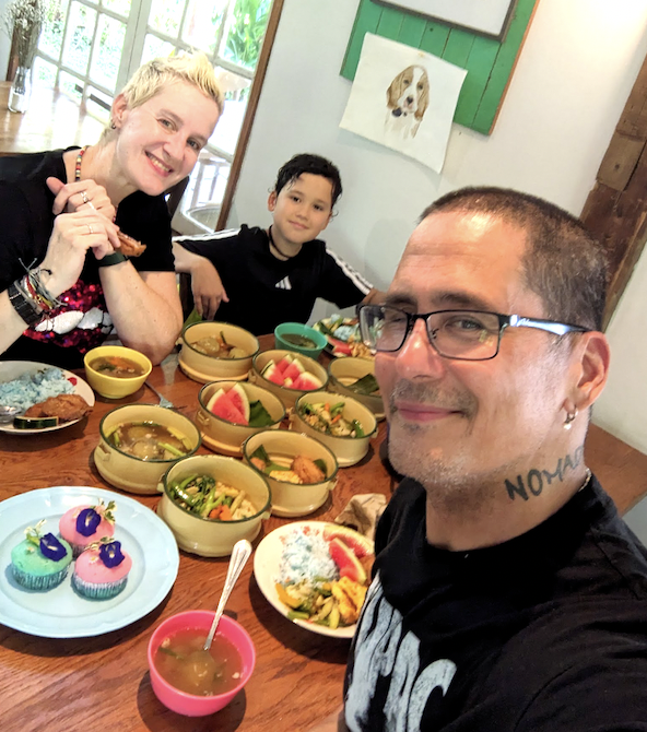 This was in Chiang Mai, Thailand at The Ginger Farm where our son had a full day of learning how to harvest and plant rice, make homemade cupcakes, rice and more. This was the meal served to us that was all locally sourced.